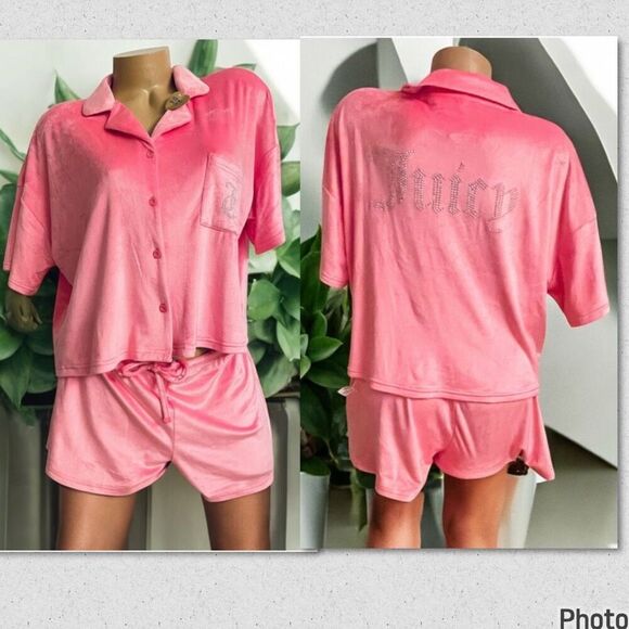 NWT Juicy Couture 2 Pc L Pink Stretch Velour Button up Collar Shorts Pajama Set - Picture 1 of 12